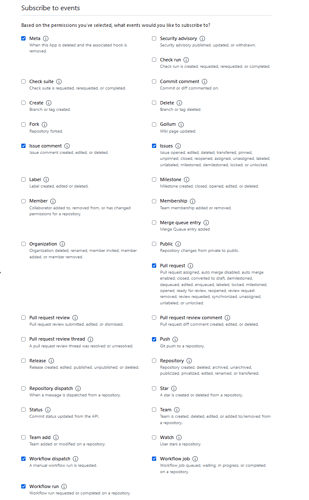 list of github events which a github app may subscribe to